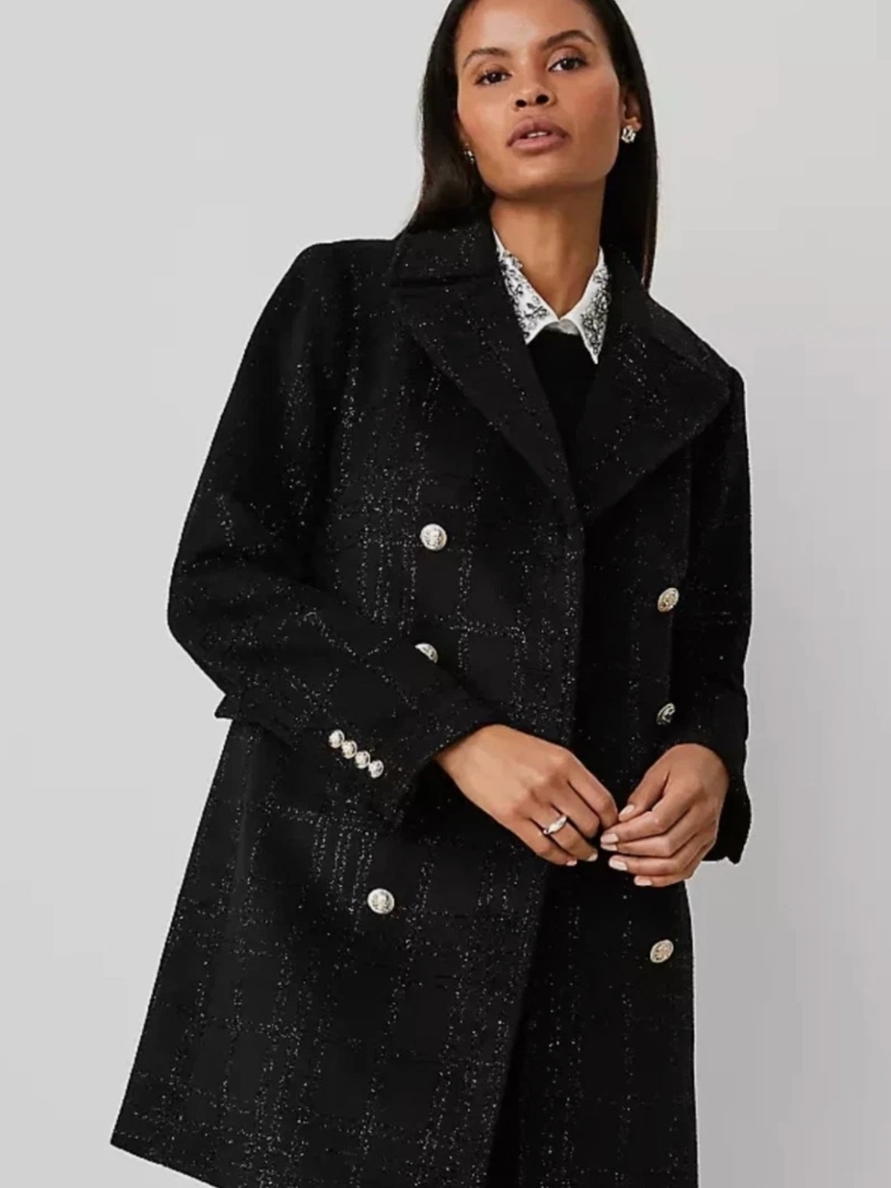 Ann Taylor Black Double-Breasted Pea Coat with Decorative Buttons